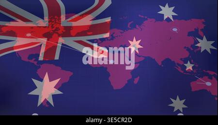 Displaying stylized world map with Union Jack overlay and stars on deep blue grid, with markers Stock Photo