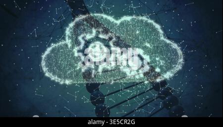 Glowing central cloud emitting bright data nodes in digital tech art, showing gears and DNA strand Stock Photo
