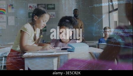 Pointing, two girls in yellow purple tops leaning over open book in class, code-overlay rainbow Stock Photo