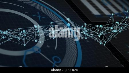 Floating 3D network spanning center over dark grid, linking glowing nodes with lines and HUD ring Stock Photo