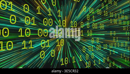 Streaming neon bits and radial streaks forming virtual data tunnel, glowing highlights pulsing Stock Photo