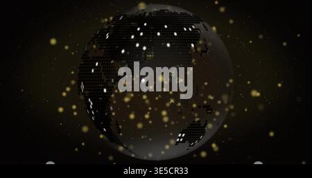 Spinning digital globe showing pixelated surface with city lights and golden bokeh in dark space Stock Photo