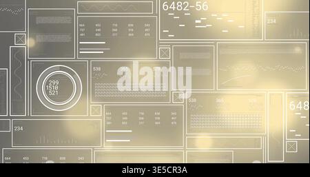 Displaying abstract UI showing soft panels on warm gold blur, with circular gauge and grids Stock Photo
