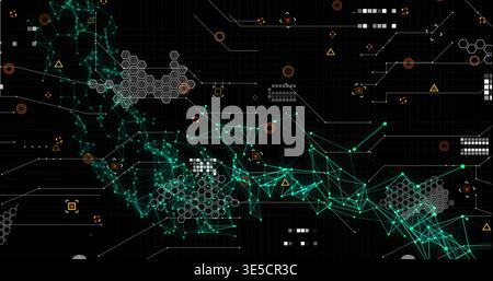Flowing teal network filament crossing diagonal black grid HUD, with hex clusters and markers Stock Photo
