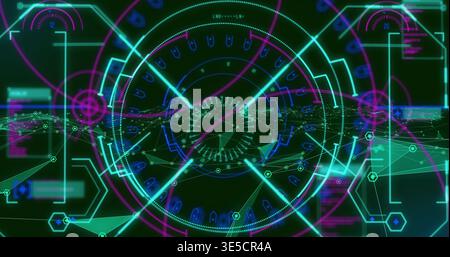 Rotating central HUD reticle pulsing over virtual cockpit dotted rings, with cyan crosshair beams Stock Photo