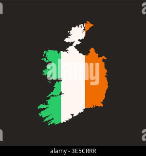 Vector illustration of Ireland map silhouette featuring green, white, and orange national flag colors. Isolated graphic on dark background for travel and cultural design. Stock Vector