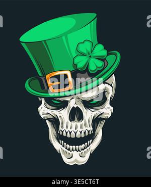 Saint Patricks Day detailed skull in green leprechaun hat with four leaf clover isolated on black. Vector graphics for apparel design or festive merch. Stock Vector