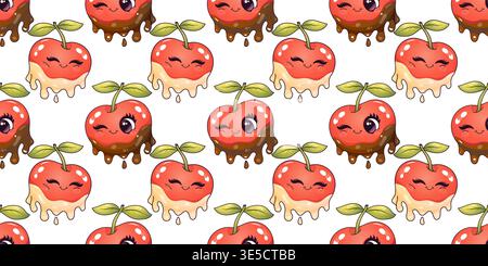 Seamless pattern with cute cherry characters dipped in chocolate with dripping glaze in kawaii cartoon style Stock Vector
