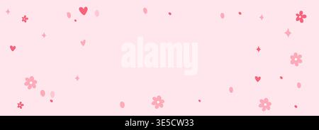 Cute pink background with hearts flowers and small doodle elements in soft kawaii style Stock Vector