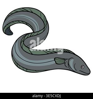 Wavy grey eel vector illustration with green accents, isolated on white background Stock Vector