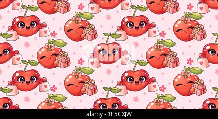 Seamless pattern with cute cherry characters holding shopping bags and gifts in playful kawaii cartoon style Stock Vector