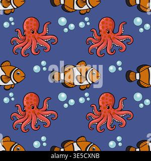 Seamless vector pattern of cute cartoon octopus and clownfish with bubbles on blue background Stock Vector
