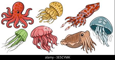 Set of cute cartoon underwater sea creatures vector illustration, including octopus, jellyfish, squid, and cuttlefish. Stock Vector