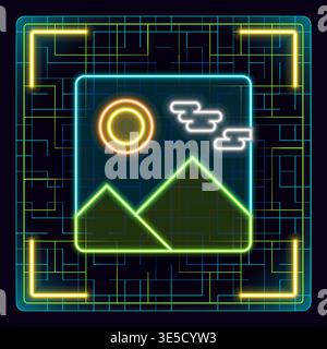 Image file icon illustration. Glowing icon with border grid vector. Stock Vector