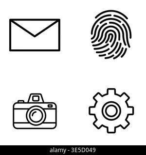Essential Digital Interface Line Icons Set - Email, Fingerprint, Camera, and Gear Settings Stock Vector