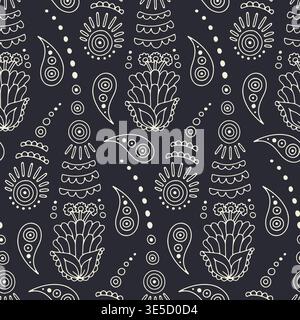 Hand drawn black and white intricate line art Paisley seamless pattern on dark background Stock Vector