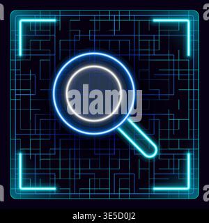 Search, magnifying glass loupe symbol. Glowing icon with border grid vector. Stock Vector