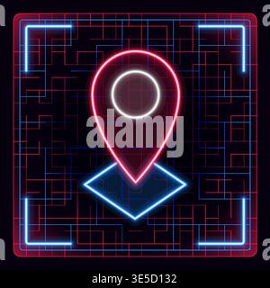 map, find, target, marker, neon, pin, point, app, icon, technology, navigation, position, direction, place, area, location, vector, address, geography Stock Vector