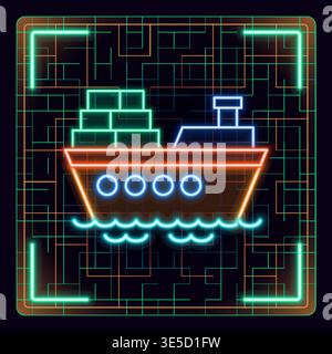 Cargo ship icon illustration. Neon glow editable icon design. Stock Vector