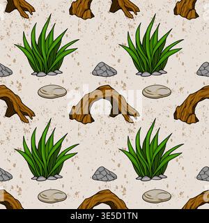 Seamless vector pattern of aquarium decorations, including lush green plants, natural wood logs, and smooth stones, on a speckled beige background. Stock Vector