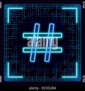Hashtag icon symbol, popular trend, social media tags. Trending explore, marketing advertising signs. Glowing icon with border grid vector. Stock Vector