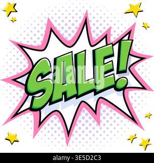 Comic sale starburst sticker with green bold lettering on white burst shape, pink outline and purple halftone background with small yellow stars Stock Vector