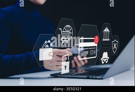 Card Payment and Fraud Prevention Concept. Woman using credit card with wallet, lock, bank, shopping, alert, security icons. secure online transaction Stock Photo
