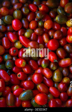 Beautiful, colorful cherry tomatoes on the grocery store counter attract the attention of tourists. Stock Photo