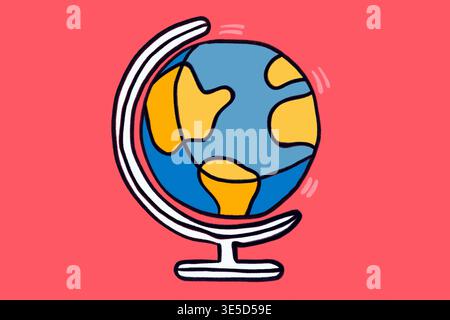 Vibrant illustration of a spinning globe on a stand, highlighting continents in bold colors. This eye-catching flat icon design is perfect for educati Stock Photo