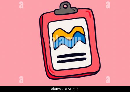 Bright and vibrant illustration of a clipboard icon featuring a simple graph with wavy lines in yellow and blue, set against a pink background. Perfec Stock Photo