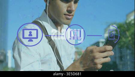 Checking man in white shirt, crossbody using phone with wired earbuds on sunny street, purple icons Stock Photo