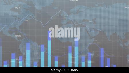 Financial dashboard updating via live feed, tracking rising bars and crossing lines over dotted map Stock Photo