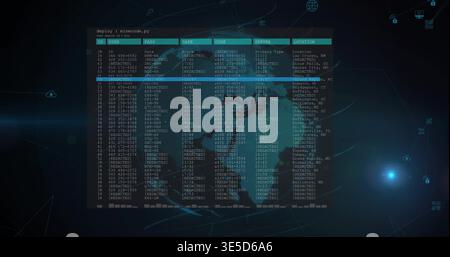 Displaying translucent console showing redacted table and highlighted row over stylized world map Stock Photo