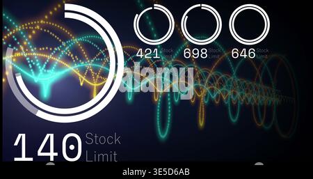 Displaying large ringed gauge left of panel, showing neon waveforms and 140 Stock Limit, copy space Stock Photo