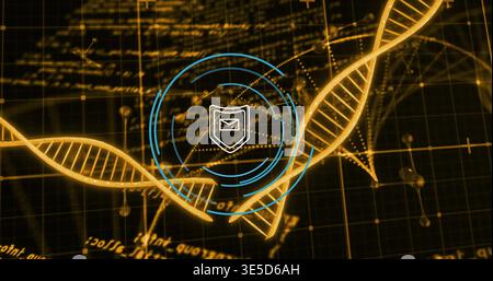 Displaying golden DNA double helix crossing dark gridded plane, featuring blue HUD, shield envelope Stock Photo