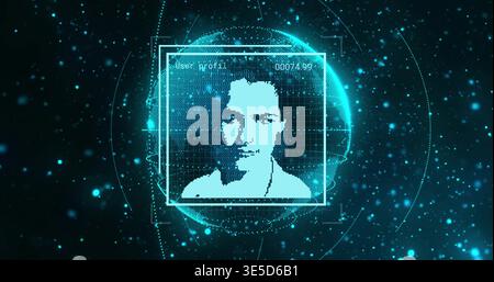 Displaying pixelated collared bust glowing inside square HUD in cyberspace, with wireframe globe Stock Photo