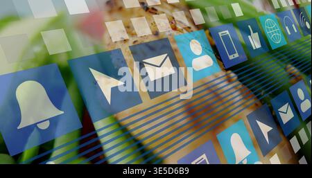 Displaying blue square icon grid over interior blur, showing striped top, bell, mail, avatar Stock Photo