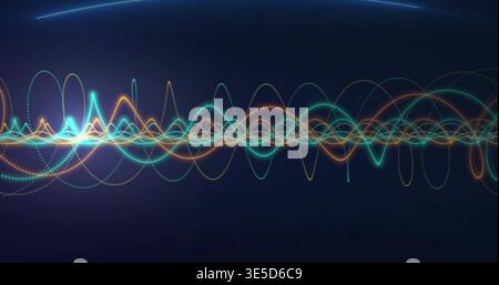 Pulsing neon waveform spanning on dark canvas, with teal cyan orange yellow lines and dotted trails Stock Photo