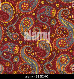 Abstract paisley motifs and flowers seamless pattern on red background. Intricate eastern vintage wallpaper. Stock Vector