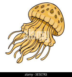 Cute yellow jellyfish vector illustration, isolated on white background, with flowing tentacles and spotted bell. Stock Vector