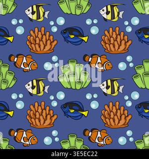 Seamless cartoon vector pattern of underwater marine life with colorful fish and coral Stock Vector