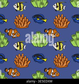 Seamless vector pattern of colorful cartoon fish and coral reef elements on a deep blue background Stock Vector