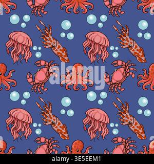 Seamless vector pattern of cute cartoon sea creatures including octopuses, squids, jellyfish, and crabs with bubbles on a dark blue background. Stock Vector
