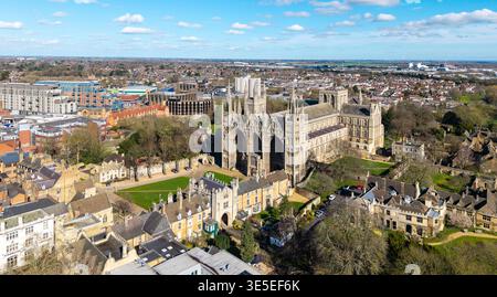 Aerial cityscape view of Peterborough city centre skyline with ...