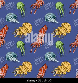 Seamless underwater vector pattern with colorful squids and jellyfish illustrations Stock Vector