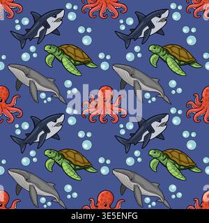 Playful vector seamless pattern of cartoon ocean creatures, sharks, whales, turtles, and octopuses with bubbles, deep blue background Stock Vector