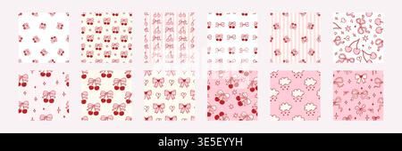 Seamless cherry pattern set with cute bows and hearts on pink background. Adorable coquette design for girly Valentine fabric, wallpaper, or textile with vintage ribbon accents. Vector illustration Stock Vector