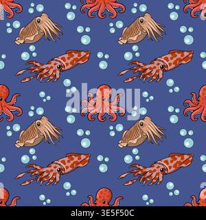 Seamless vector pattern of cute cartoon octopuses, squids, and cuttlefish with bubbles on a dark blue background Stock Vector