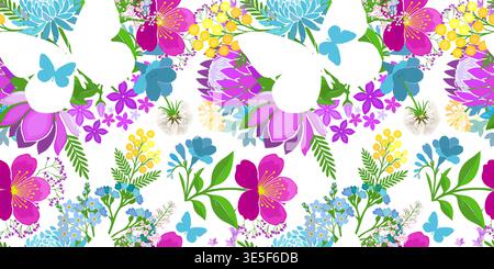 Seamless pattern with spring colored flowers. Hand drawn. Not AI, vector illustration. Stock Vector