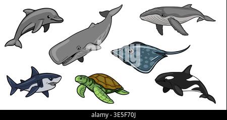 Set of diverse marine life vector illustrations, including whale, dolphin, shark, orca, sea turtle, and stingray. Stock Vector